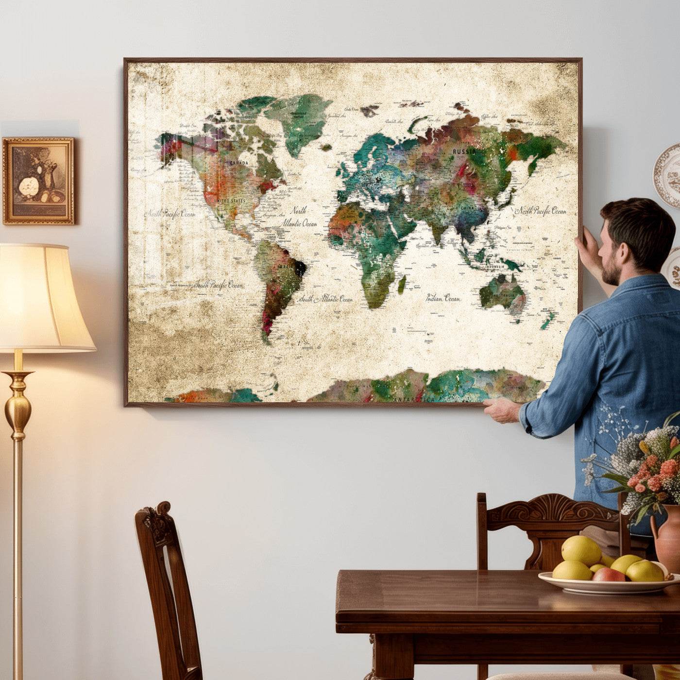 87544591-MGV-CV-36X24 - World Map Wall Art Canvas Print, Modern Decorative Framed Map Artwork Prints for Living Room, Office, Bedroom Wall Decor