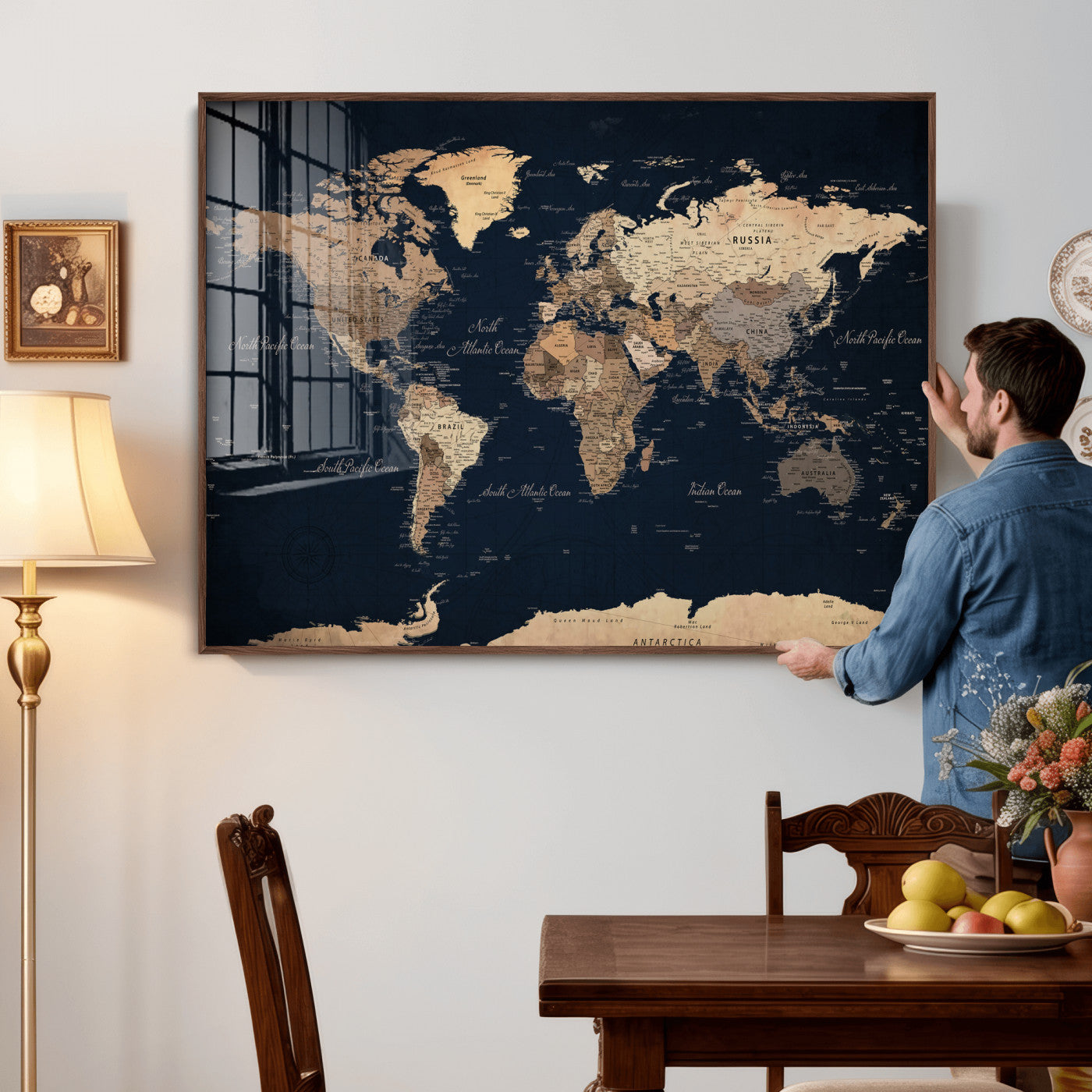 53971530-MGV-CV-36X24 - World Map Wall Art Canvas Print, Modern Decorative Framed Map Artwork Prints for Living Room, Office, Bedroom Wall Decor