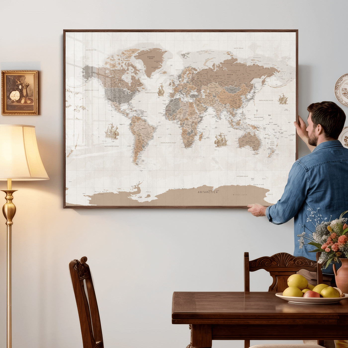 85057279-MGV-CV-36X24 - World Map Wall Art Canvas Print, Modern Decorative Framed Map Artwork Prints for Living Room, Office, Bedroom Wall Decor