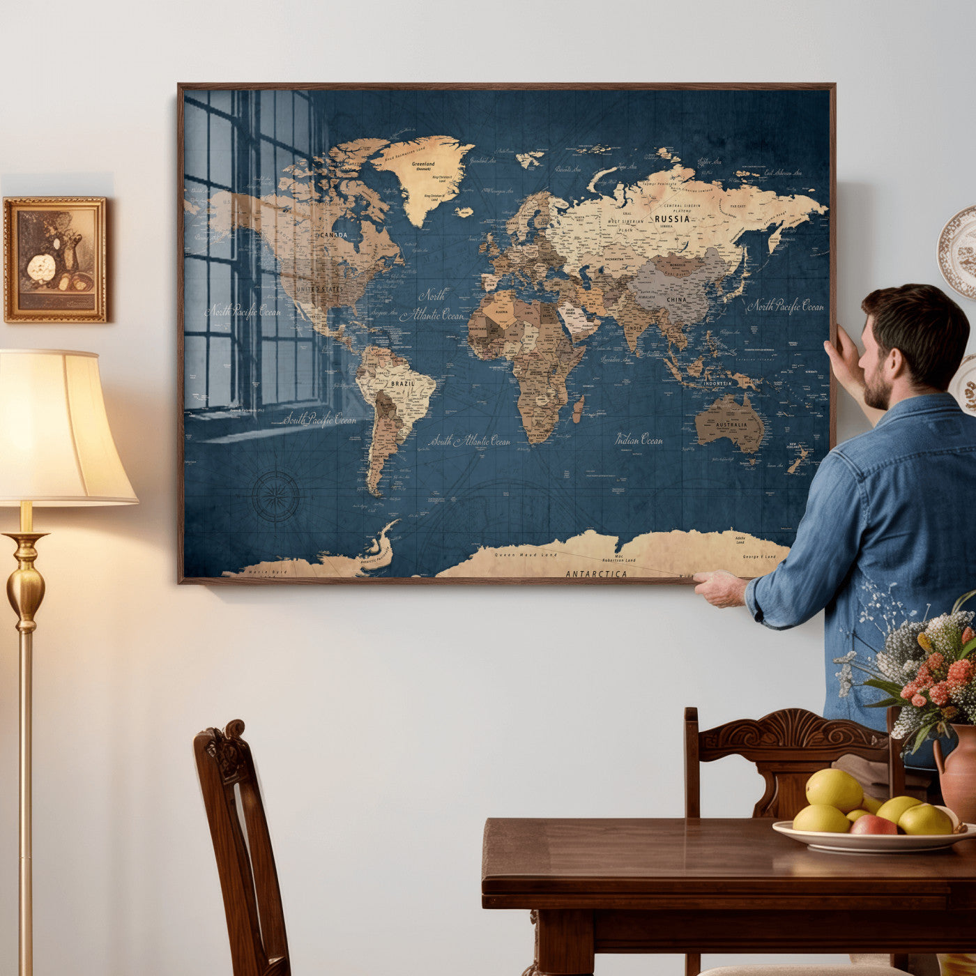 69886352-MGV-CV-36X24 - World Map Wall Art Canvas Print, Modern Decorative Framed Map Artwork Prints for Living Room, Office, Bedroom Wall Decor