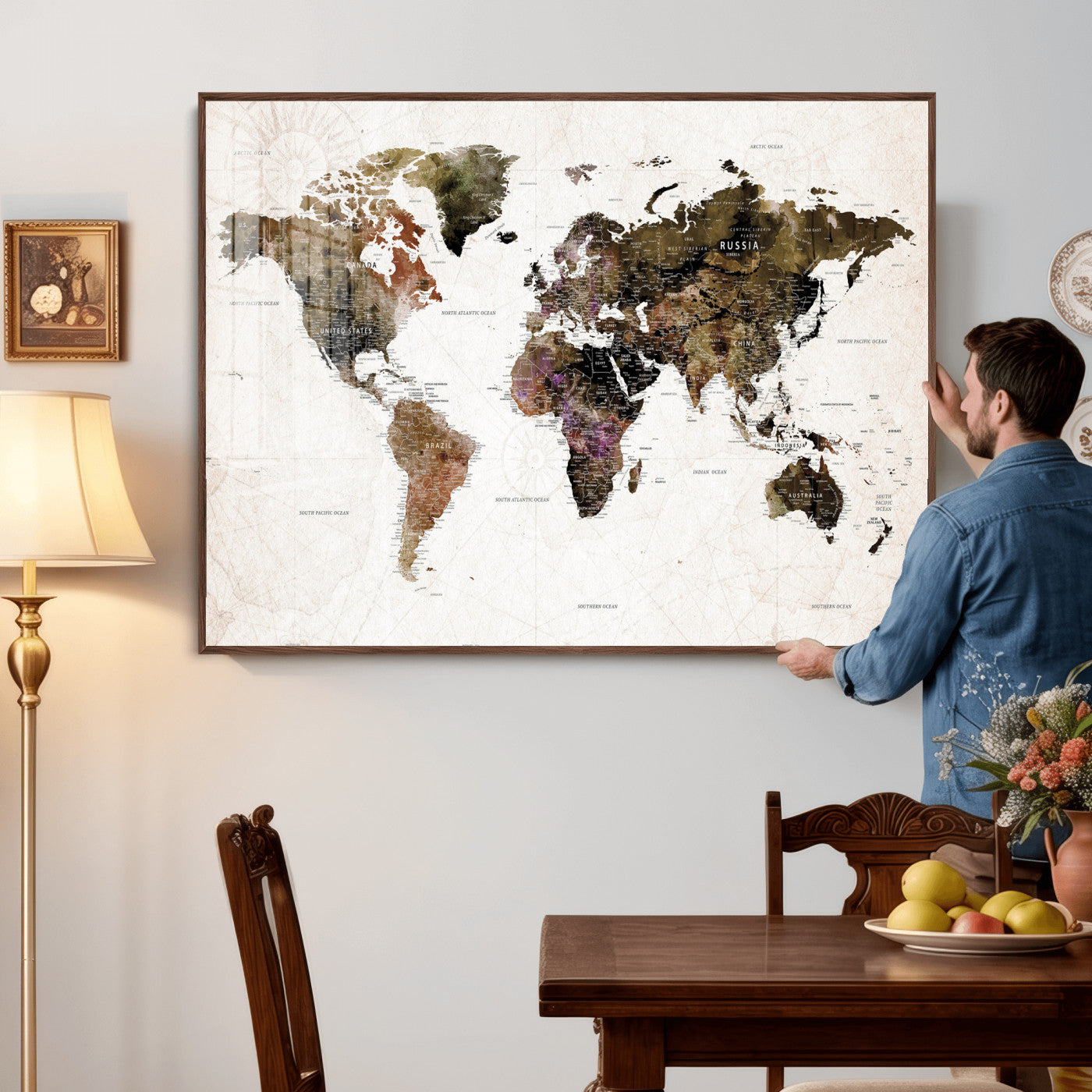 77651968-MGV-CV-36X24 - World Map Wall Art Canvas Print, Modern Decorative Framed Map Artwork Prints for Living Room, Office, Bedroom Wall Decor