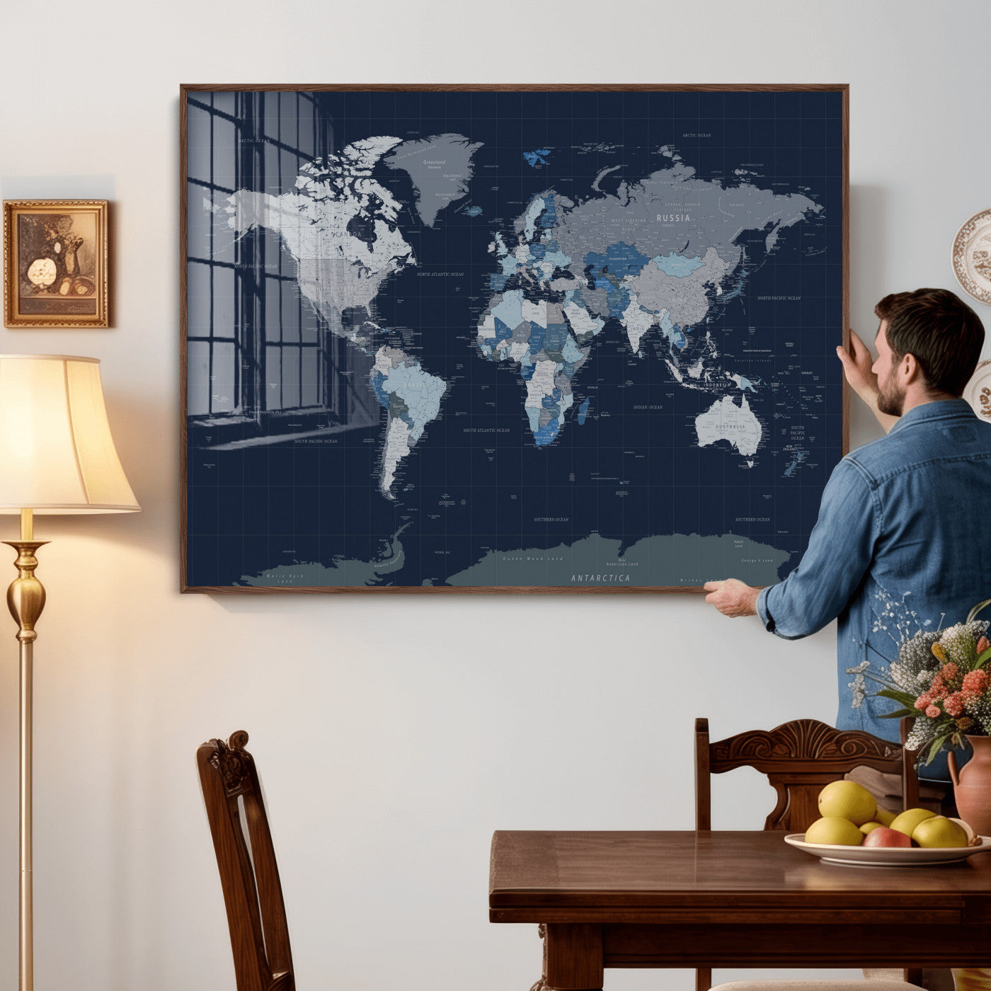 17712680-MGV-CV-36X24 - World Map Wall Art Canvas Print, Modern Decorative Framed Map Artwork Prints for Living Room, Office, Bedroom Wall Decor