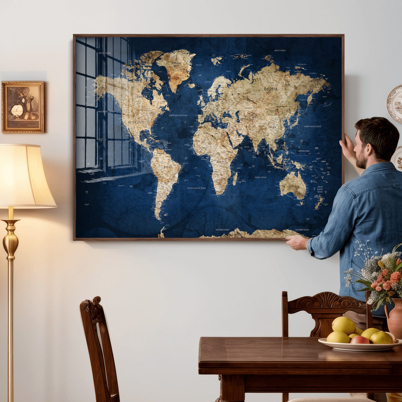 57503519-MGV-CV-36X24 - World Map Wall Art Canvas Print, Modern Decorative Framed Map Artwork Prints for Living Room, Office, Bedroom Wall Decor