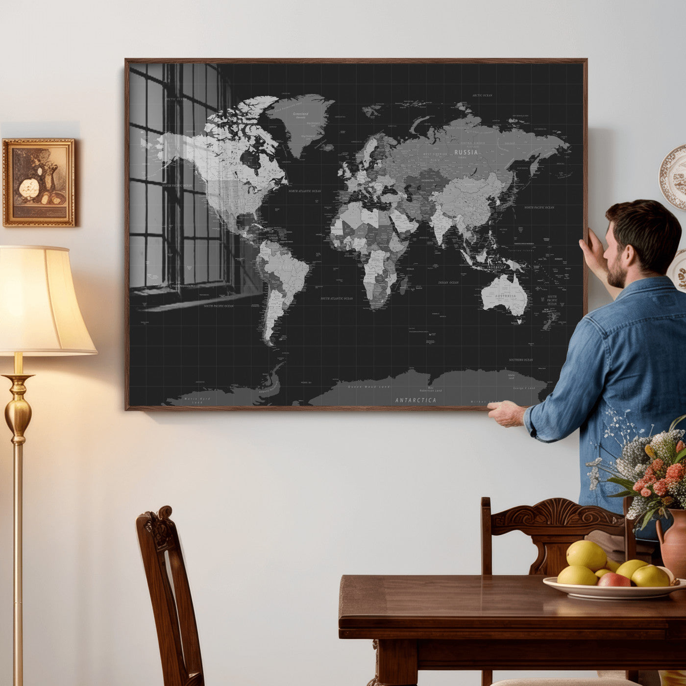 46160121-MGV-CV-36X24 - World Map Wall Art Canvas Print, Modern Decorative Framed Map Artwork Prints for Living Room, Office, Bedroom Wall Decor