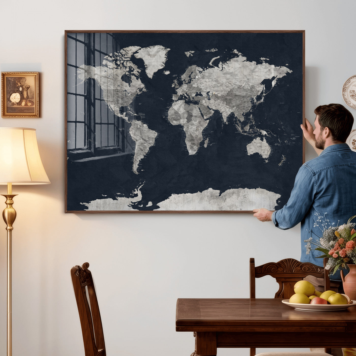 53886659-MGV-CV-36X24 - World Map Wall Art Canvas Print, Modern Decorative Framed Map Artwork Prints for Living Room, Office, Bedroom Wall Decor