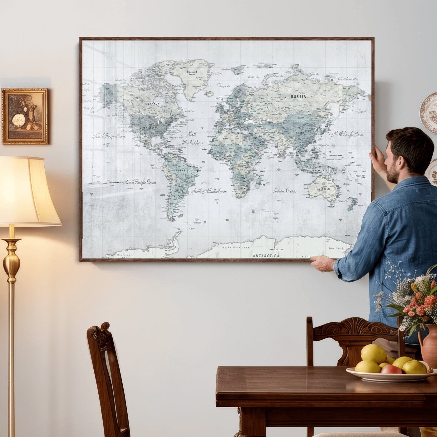 71091917-MGV-CV-36X24 - World Map Wall Art Canvas Print, Modern Decorative Framed Map Artwork Prints for Living Room, Office, Bedroom Wall Decor