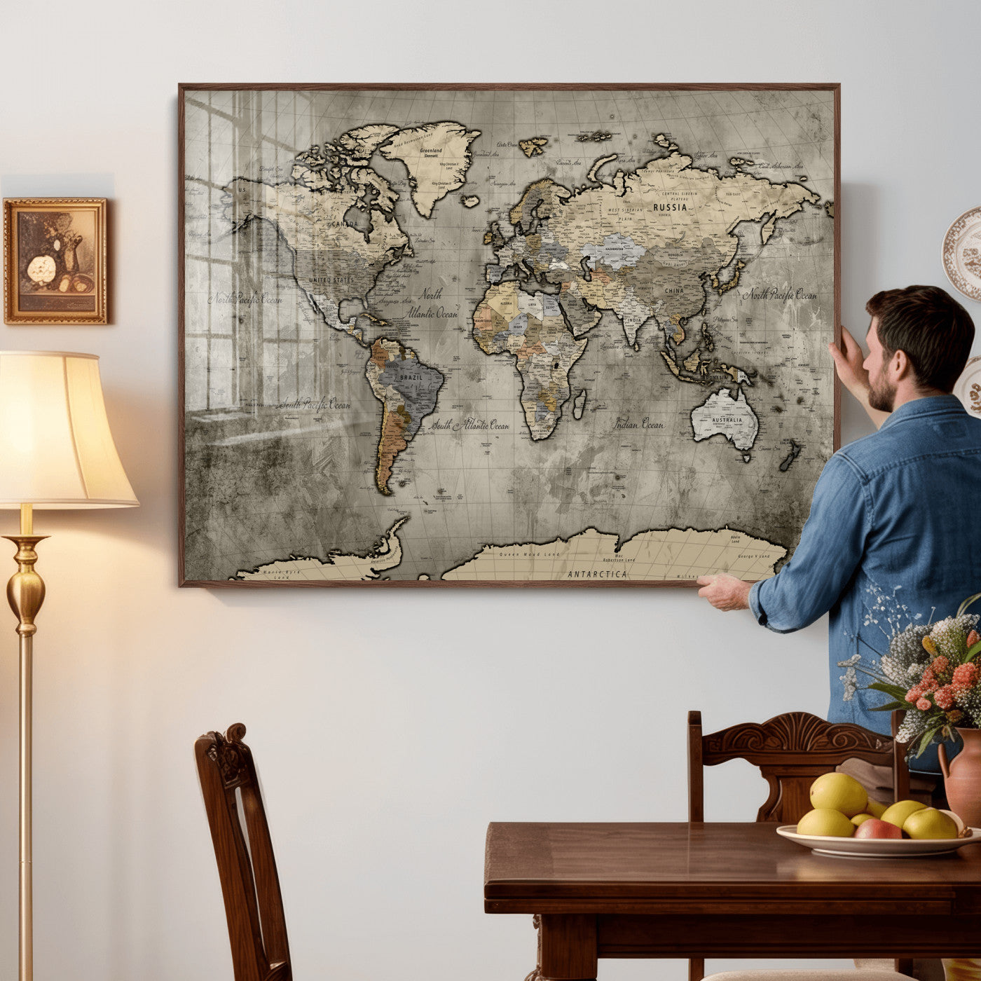 85218700-MGV-CV-36X24 - World Map Wall Art Canvas Print, Modern Decorative Framed Map Artwork Prints for Living Room, Office, Bedroom Wall Decor