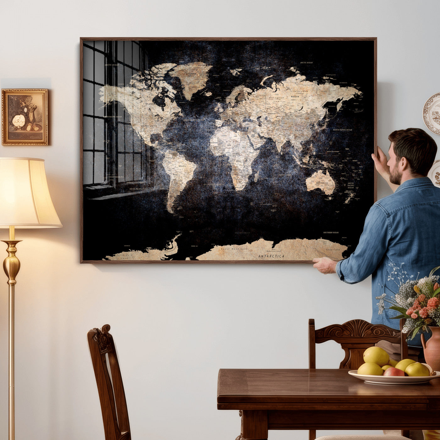 56713386-MGV-CV-36X24 - World Map Wall Art Canvas Print, Modern Decorative Framed Map Artwork Prints for Living Room, Office, Bedroom Wall Decor