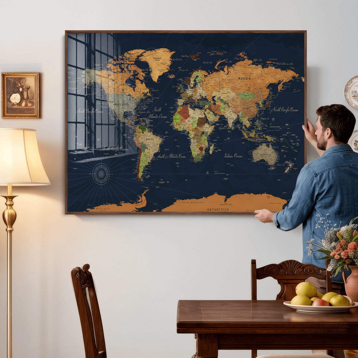 11715182-MGV-CV-36X24 - World Map Wall Art Canvas Print, Modern Decorative Framed Map Artwork Prints for Living Room, Office, Bedroom Wall Decor