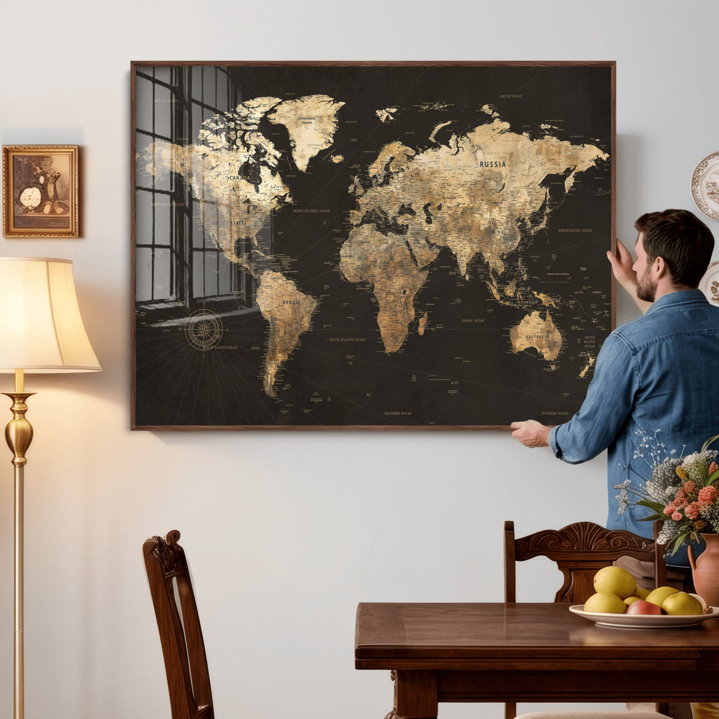 70985630-MGV-CV-36X24 - World Map Wall Art Canvas Print, Modern Decorative Framed Map Artwork Prints for Living Room, Office, Bedroom Wall Decor