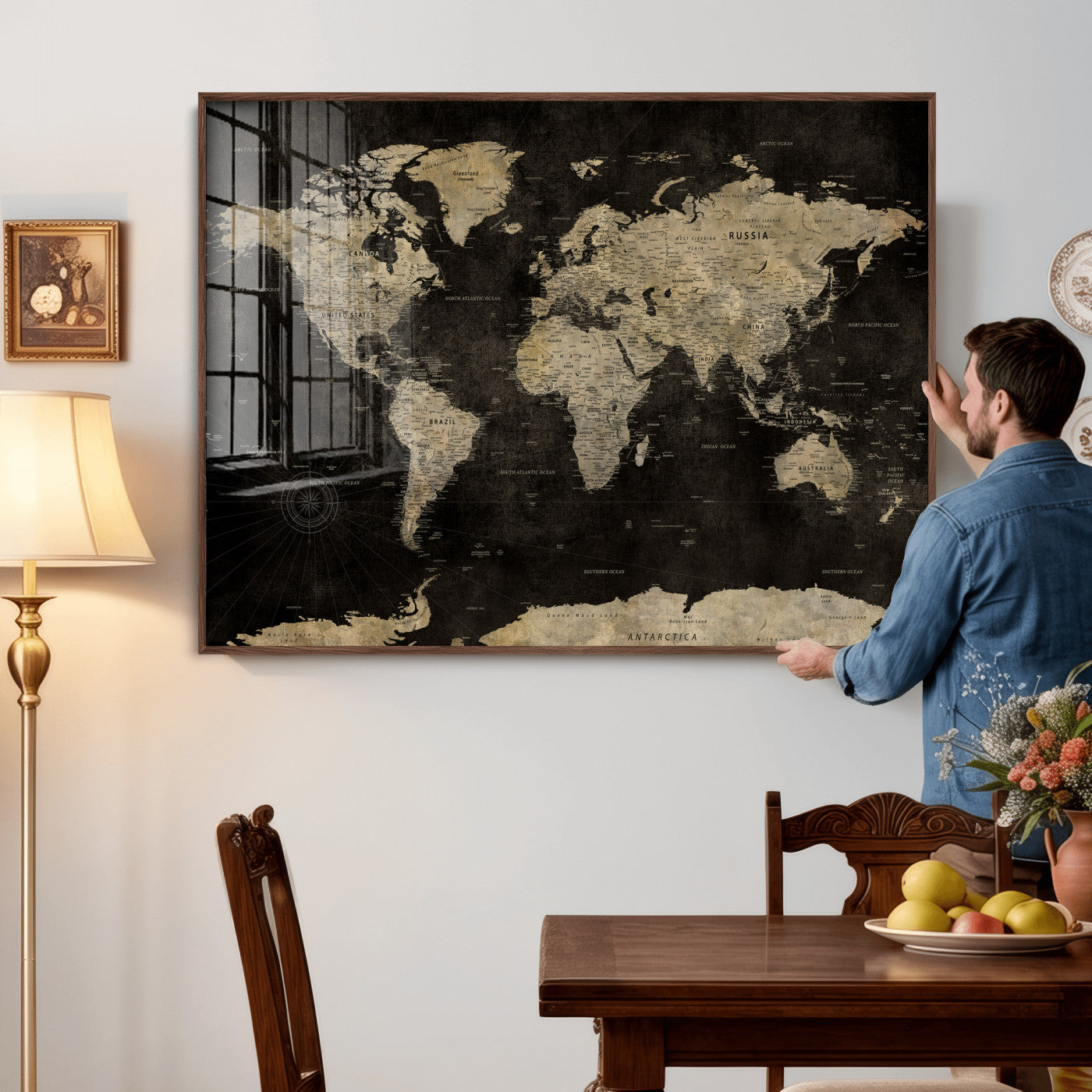 60653880-MGV-CV-36X24 - World Map Wall Art Canvas Print, Modern Decorative Framed Map Artwork Prints for Living Room, Office, Bedroom Wall Decor