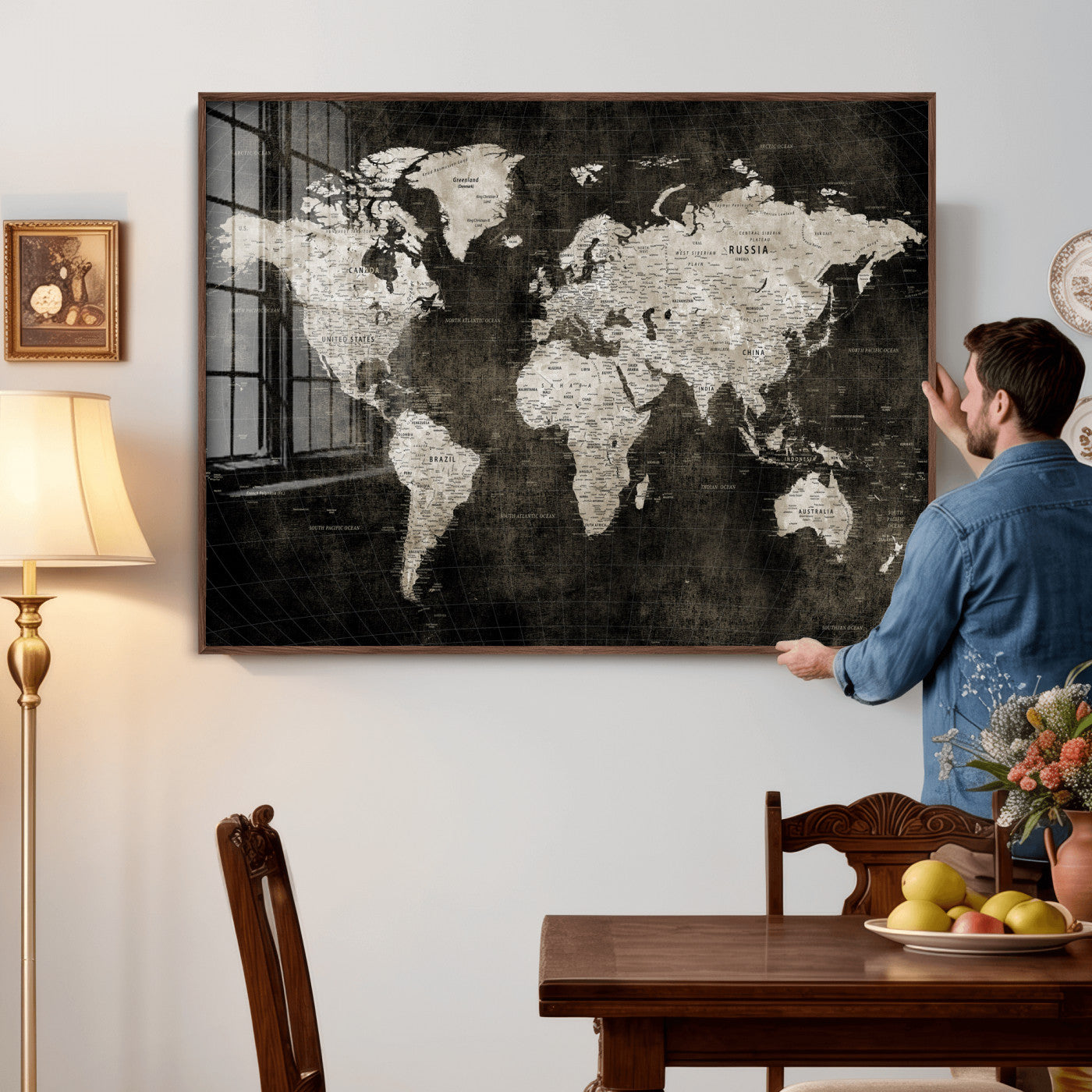 94581666-MGV-CV-36X24 - World Map Wall Art Canvas Print, Modern Decorative Framed Map Artwork Prints for Living Room, Office, Bedroom Wall Decor