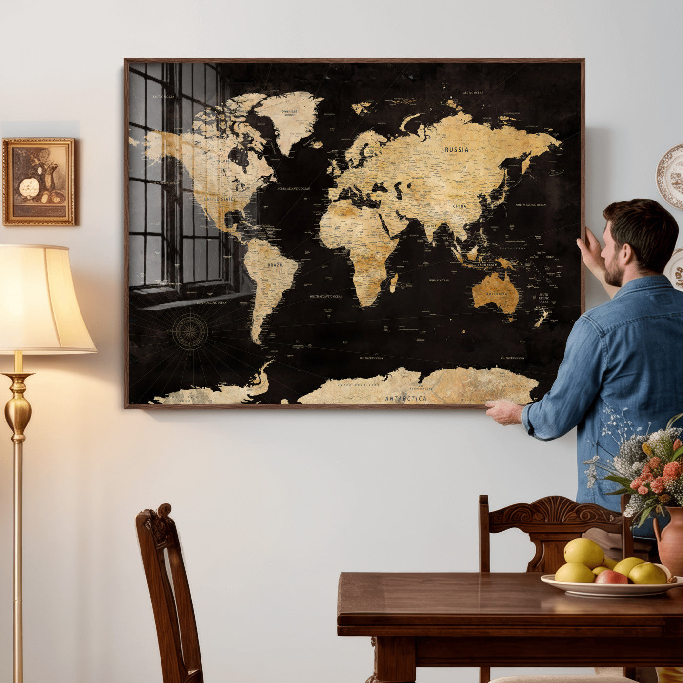 70468159-MGV-CV-36X24 - World Map Wall Art Canvas Print, Modern Decorative Framed Map Artwork Prints for Living Room, Office, Bedroom Wall Decor