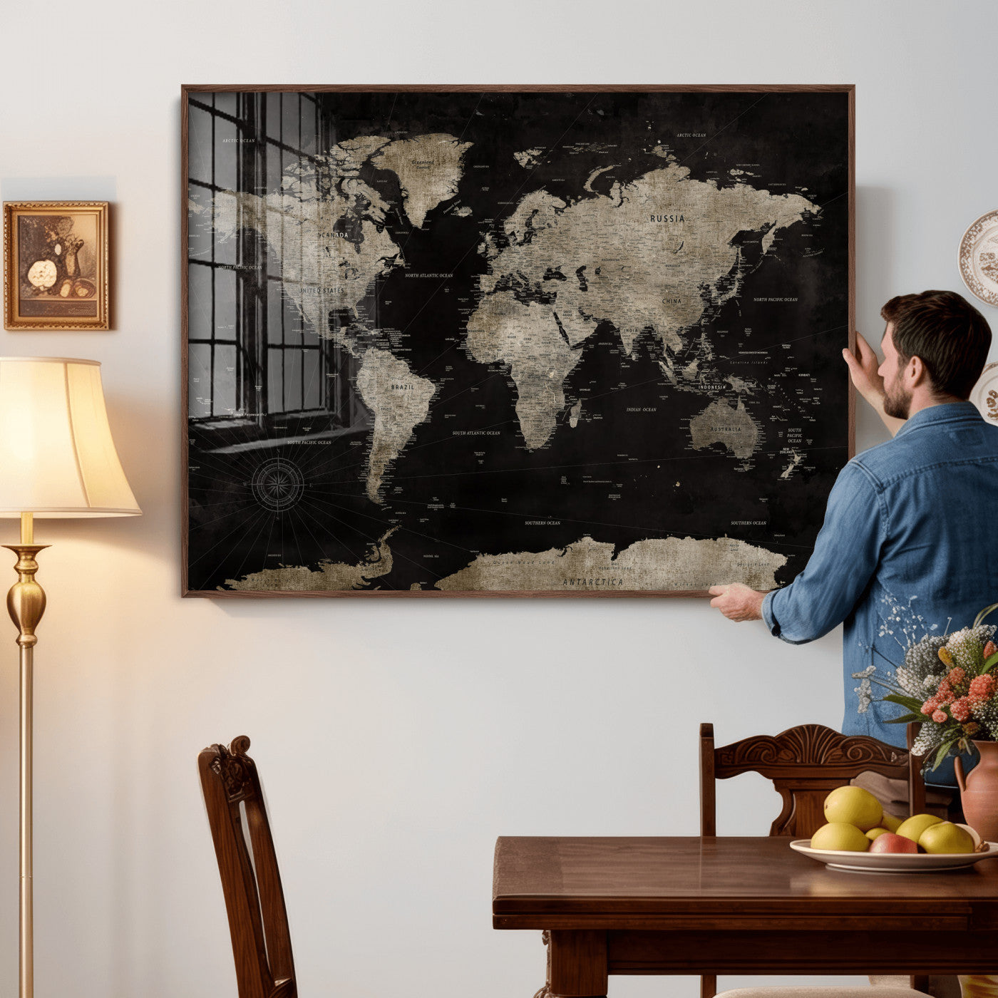56225956-MGV-CV-36X24 - World Map Wall Art Canvas Print, Modern Decorative Framed Map Artwork Prints for Living Room, Office, Bedroom Wall Decor