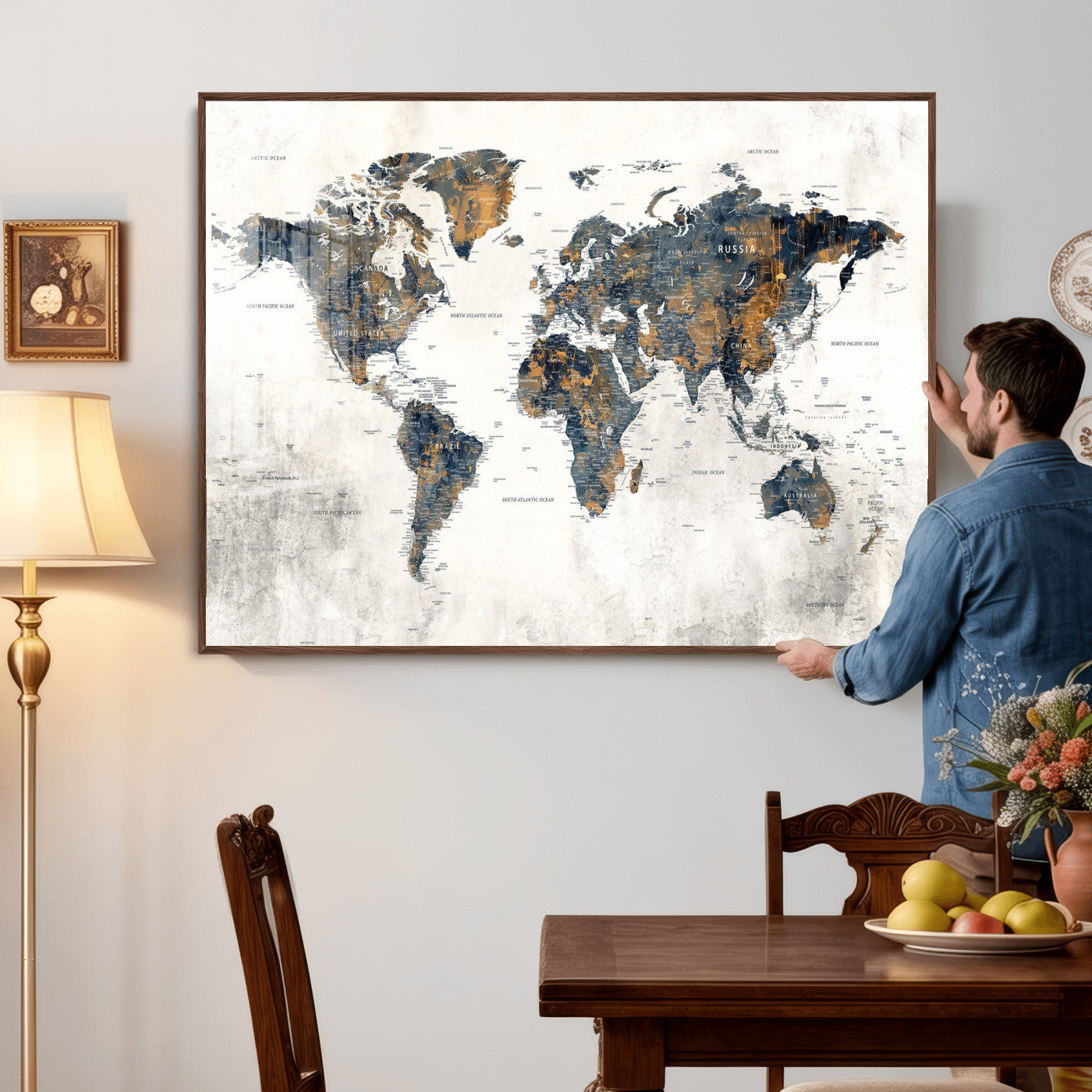 52451147-MGV-CV-36X24 - World Map Wall Art Canvas Print, Modern Decorative Framed Map Artwork Prints for Living Room, Office, Bedroom Wall Decor
