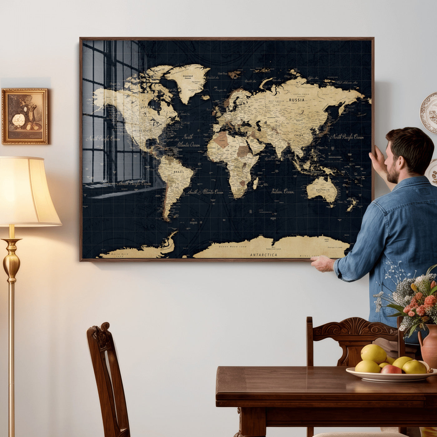 45063434-MGV-CV-36X24 - World Map Wall Art Canvas Print, Modern Decorative Framed Map Artwork Prints for Living Room, Office, Bedroom Wall Decor
