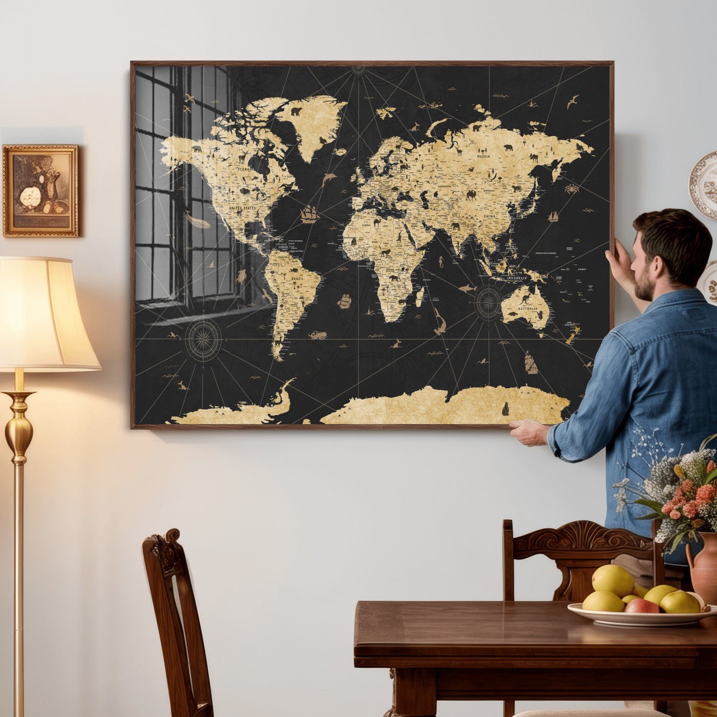 80270976-MGV-CV-36X24 - World Map Wall Art Canvas Print, Modern Decorative Framed Map Artwork Prints for Living Room, Office, Bedroom Wall Decor