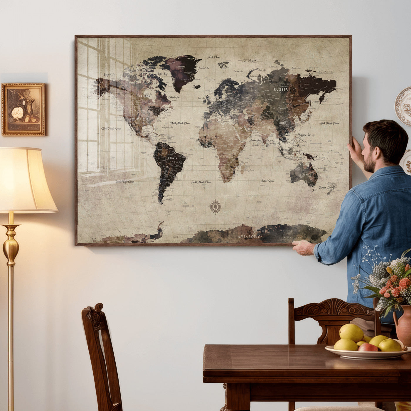 60560672-MGV-CV-36X24 - World Map Wall Art Canvas Print, Modern Decorative Framed Map Artwork Prints for Living Room, Office, Bedroom Wall Decor