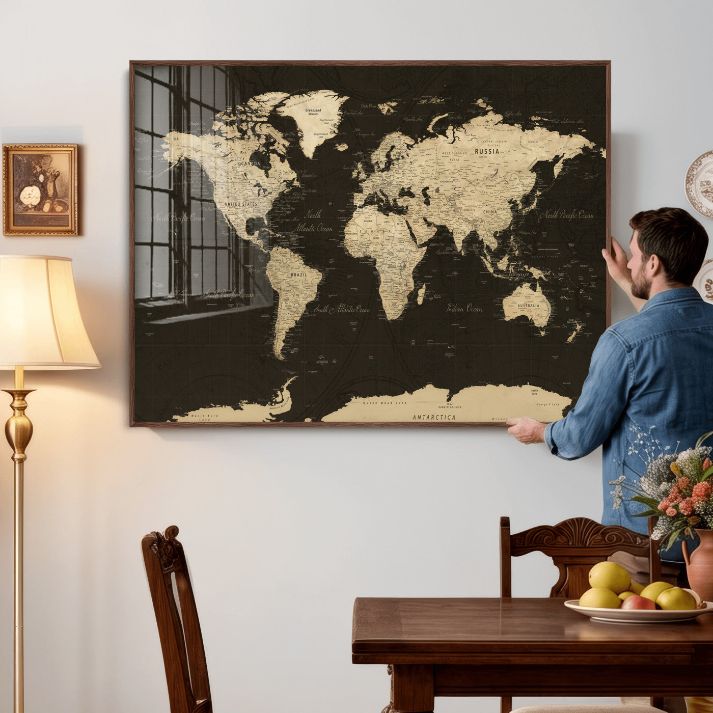89024244-MGV-CV-36X24 - World Map Wall Art Canvas Print, Modern Decorative Framed Map Artwork Prints for Living Room, Office, Bedroom Wall Decor