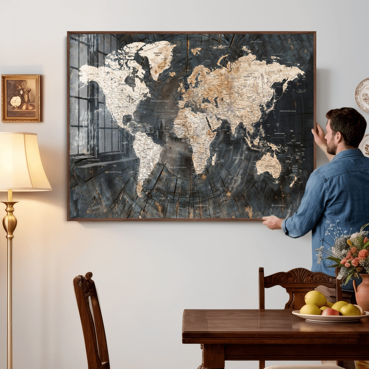 89162112-MGV-CV-36X24 - World Map Wall Art Canvas Print, Modern Decorative Framed Map Artwork Prints for Living Room, Office, Bedroom Wall Decor