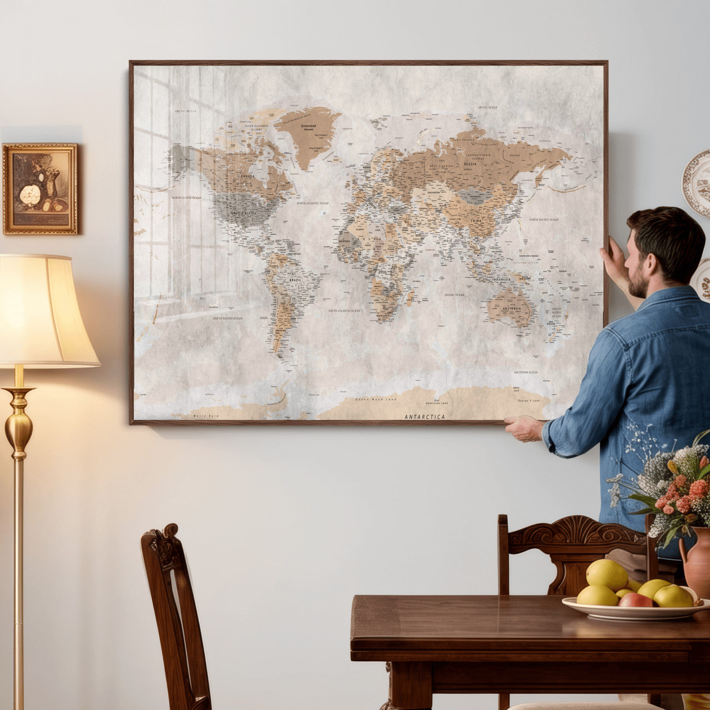 34051638-MGV-CV-36X24 - World Map Wall Art Canvas Print, Modern Decorative Framed Map Artwork Prints for Living Room, Office, Bedroom Wall Decor