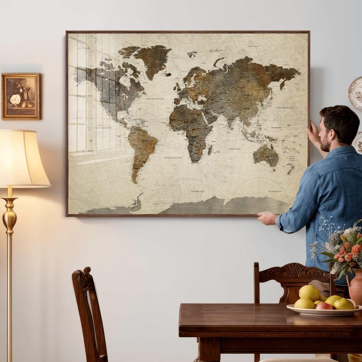 49623468-MGV-CV-36X24 - World Map Wall Art Canvas Print, Modern Decorative Framed Map Artwork Prints for Living Room, Office, Bedroom Wall Decor