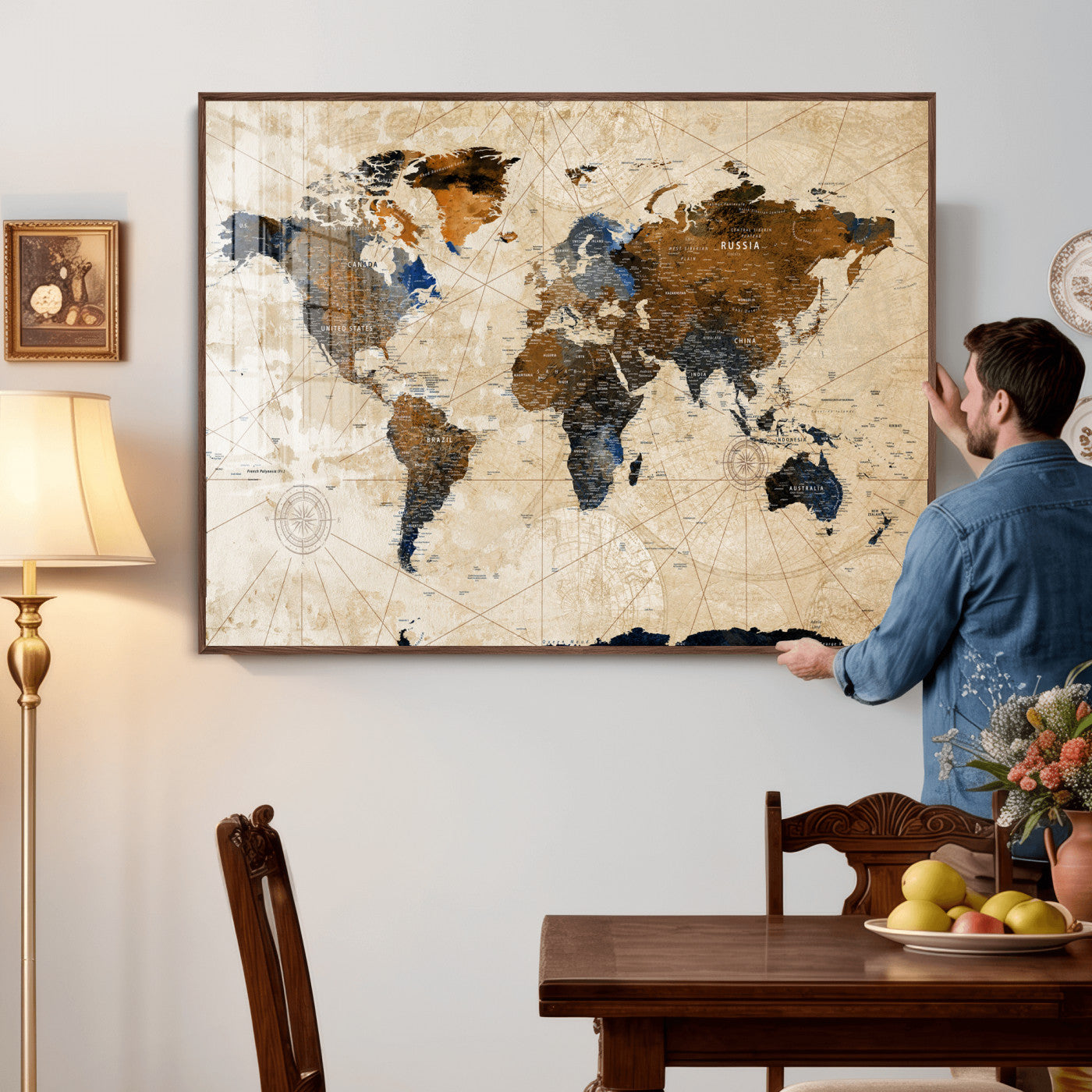15727090-MGV-CV-36X24 - World Map Wall Art Canvas Print, Modern Decorative Framed Map Artwork Prints for Living Room, Office, Bedroom Wall Decor