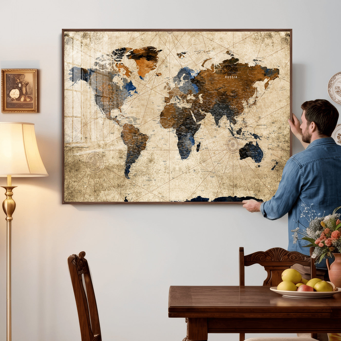 27163414-MGV-CV-36X24 - World Map Wall Art – Rustic Earth Tone Canvas Print, Antique Travel Map Design for Living Room, Office or Study, Classic Adventure Decor