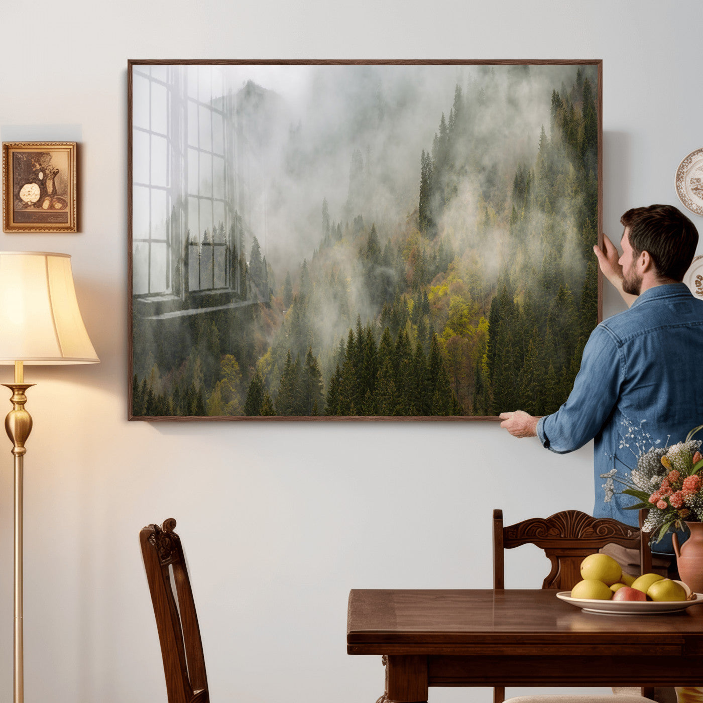 31152954-MGV-CV-36X24 - Misty Mountain Forest Canvas Print, Foggy Pine Trees Nature Wall Art, Framed Canvas Ready to Hang