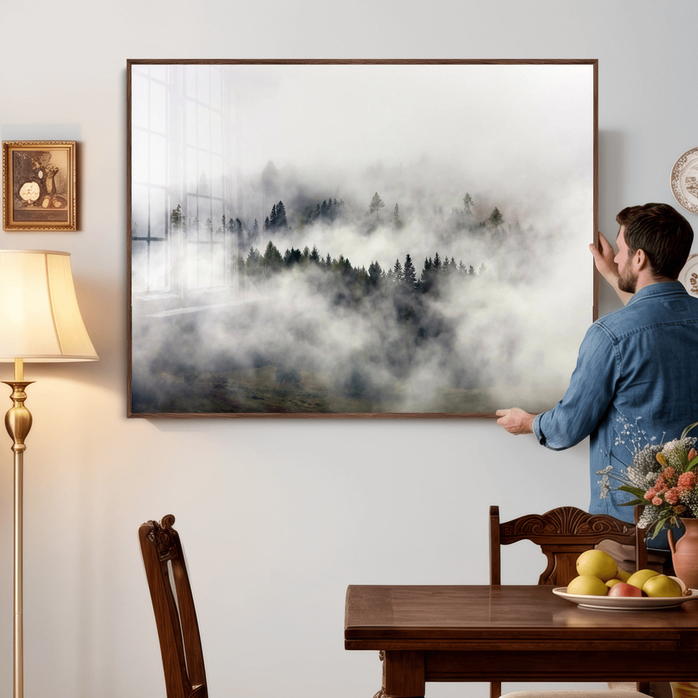 63235457-MGV-CV-36X24 - Foggy Forest Wall Art Canvas Print, Misty Pine Tree Landscape Wall Art Print, Framed Wall Art Ready to Hang