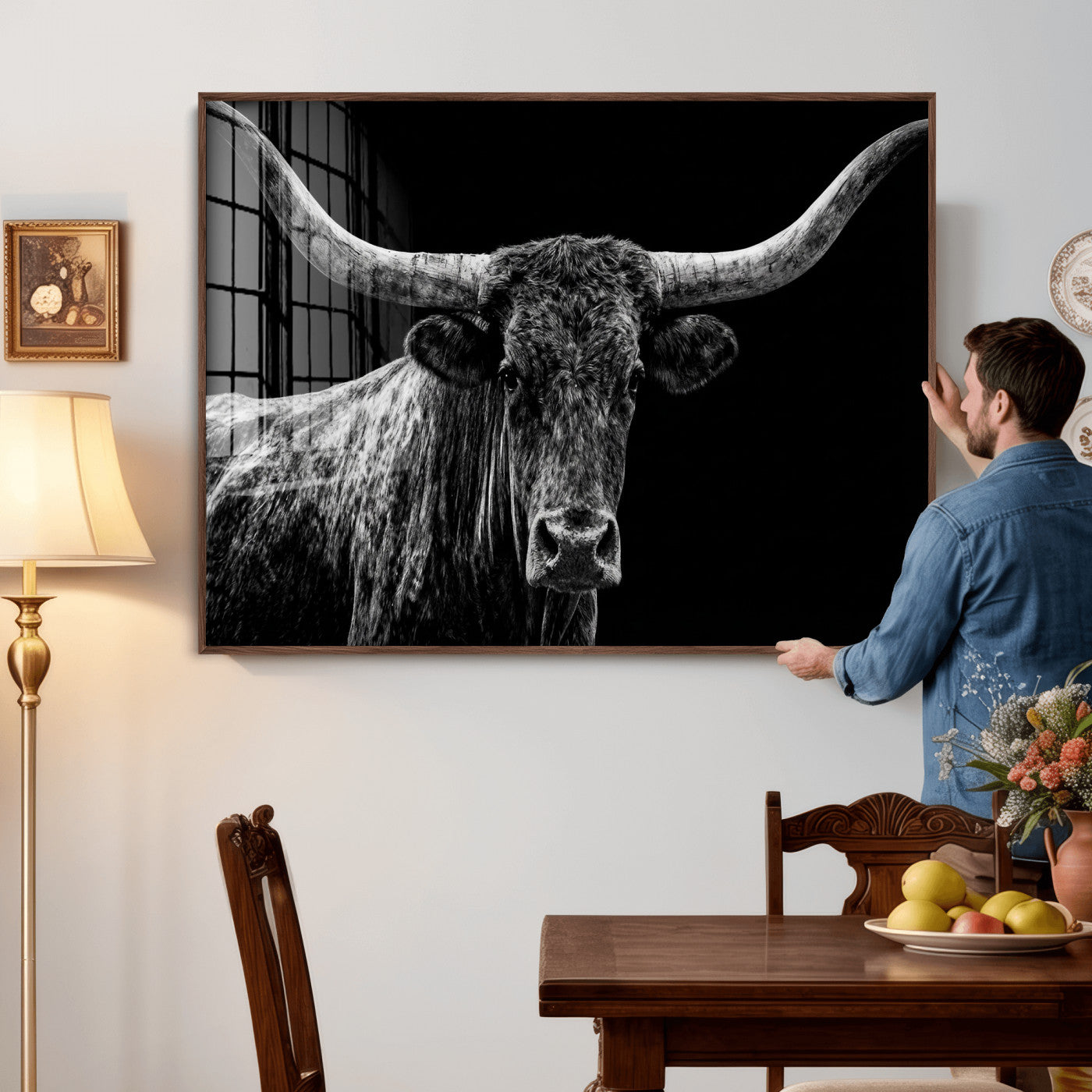 86568508-MGV-CV-36X24 - Vintage Texas Longhorn Bull Wall Art Canvas Print, Texas Cow Portrait Print, Framed Bull Wall Art Ready to Hang