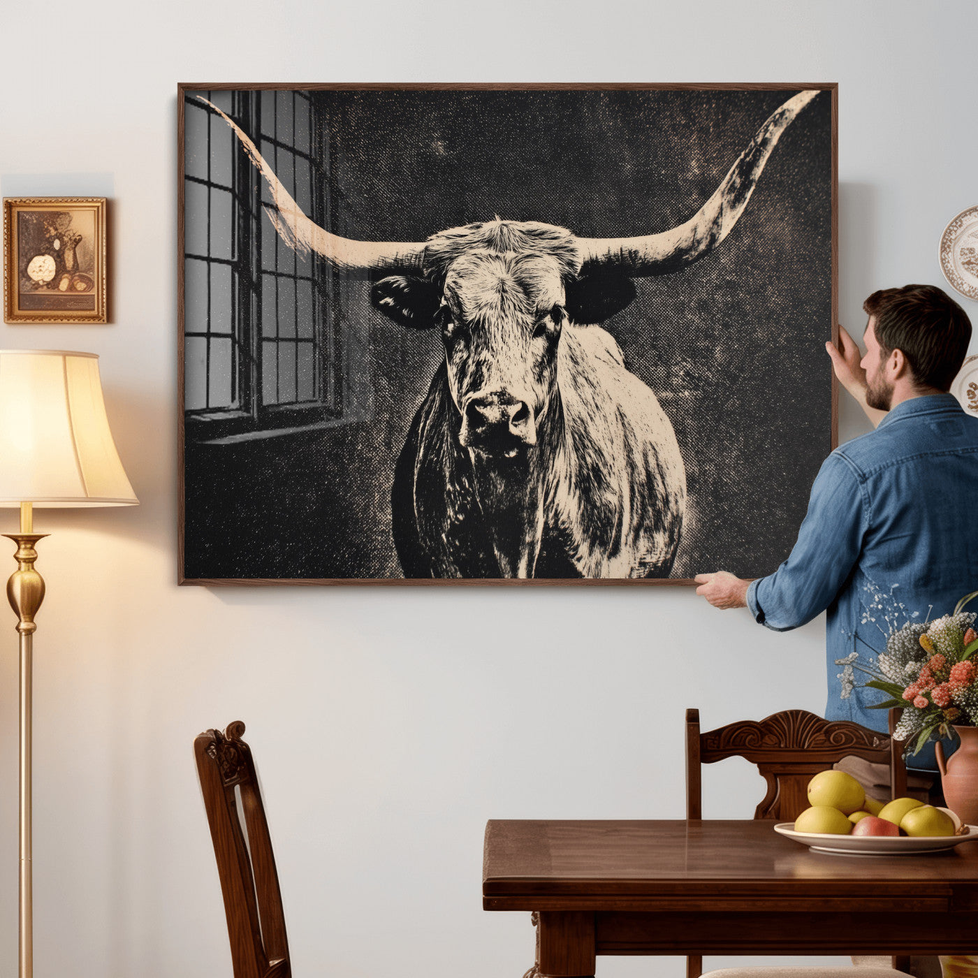 27394218-MGV-CV-36X24 - Vintage Texas Longhorn Bull Wall Art Canvas Print, Cow Portrait Photography Print, Framed Wall Art Ready to Hang