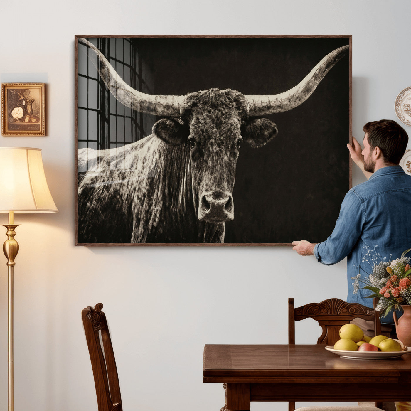 74513721-MGV-CV-36X24 - Vintage Texas Longhorn Bull Wall Art Canvas Print, Cow Portrait Photography Print, Framed Wall Art Ready to Hang