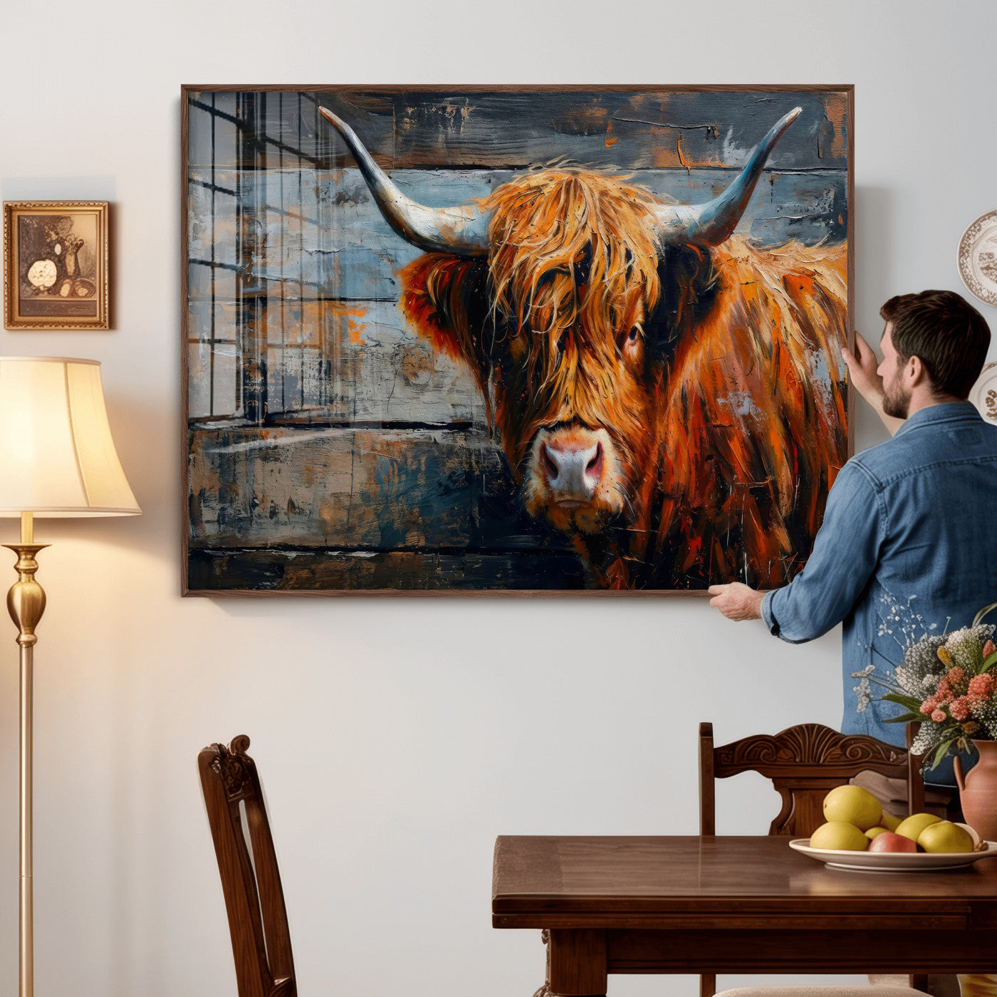 90271423-MGV-CV-36X24 - Highland Cow Wall Art Canvas Print, Abstract Rustic Farm Animal Wall Art Print, Framed Wall Art Ready to Hang