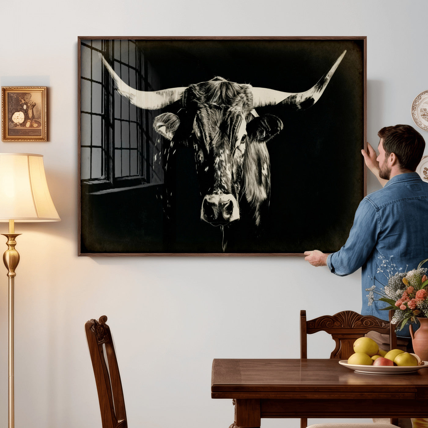 91364114-MGV-CV-36X24 - Black Bull Wall Art Canvas Print, Texas Longhorn Portrait Print, Framed Wall Art Ready to Hang