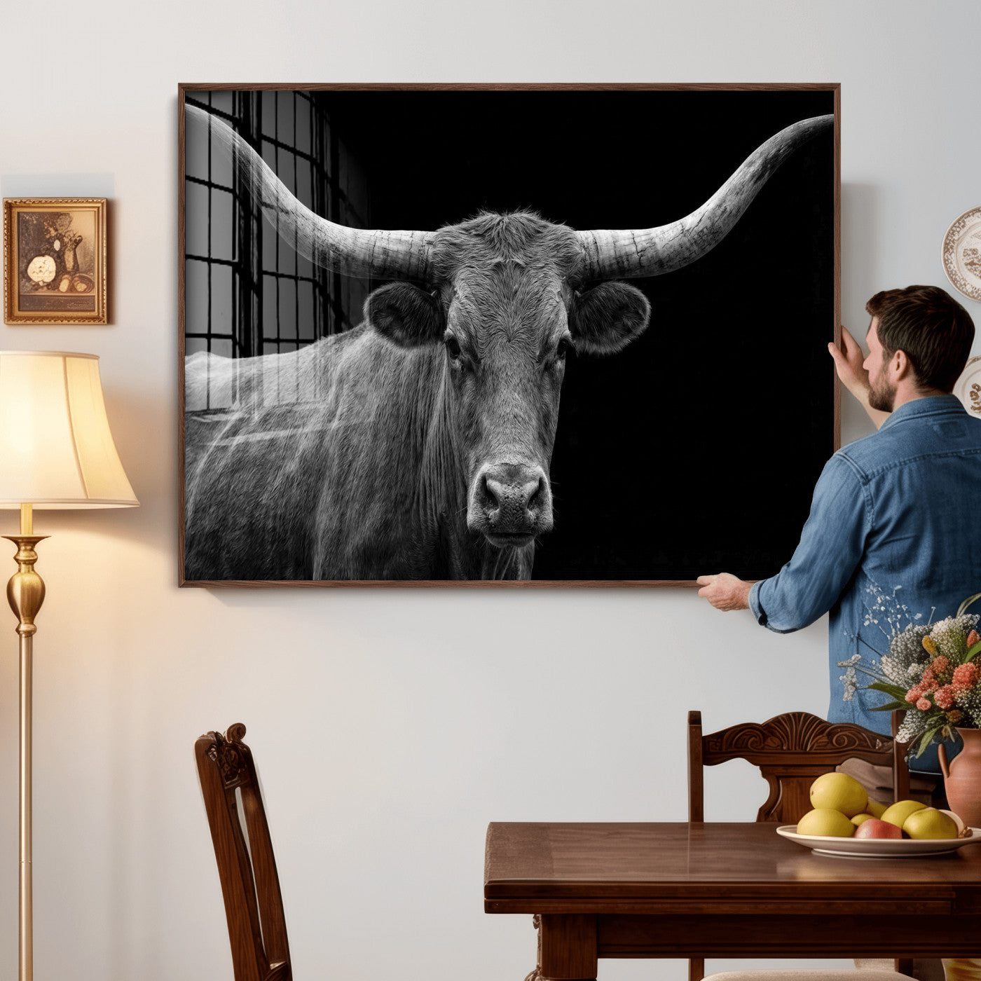 32601430-MGV-CV-36X24 - Texas Longhorn Bull Wall Art Canvas Print, Cow Portrait Photography, Framed Wall Art Ready to Hang
