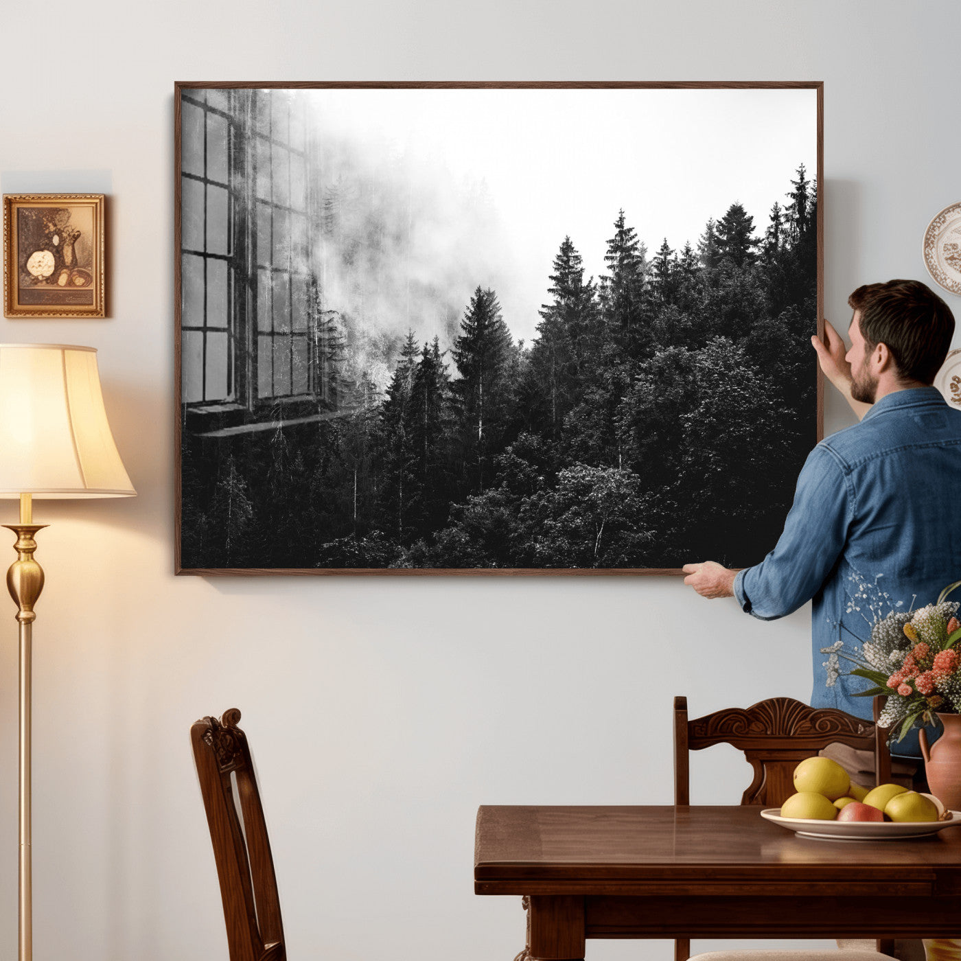 98764151-MGV-CV-36X24 - Black and White Forest Wall Art Canvas Print, Misty Pine Tree Landscape Photography, Framed Wall Art Ready to Hang