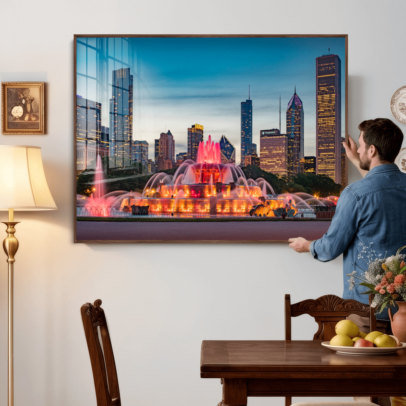 46805285-MGV-CV-36X24 - Chicago Wall Art Canvas Print, Chicago City Downtown Night Cityscape Print for Modern Urban Wall Decor
