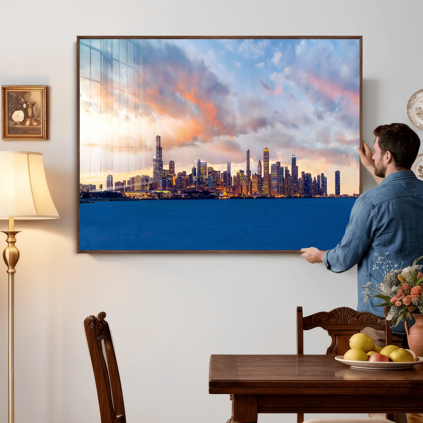 34667960-MGV-CV-36X24 - Chicago Wall Art Canvas Print, Chicago City Downtown Night Cityscape Print for Modern Urban Wall Decor