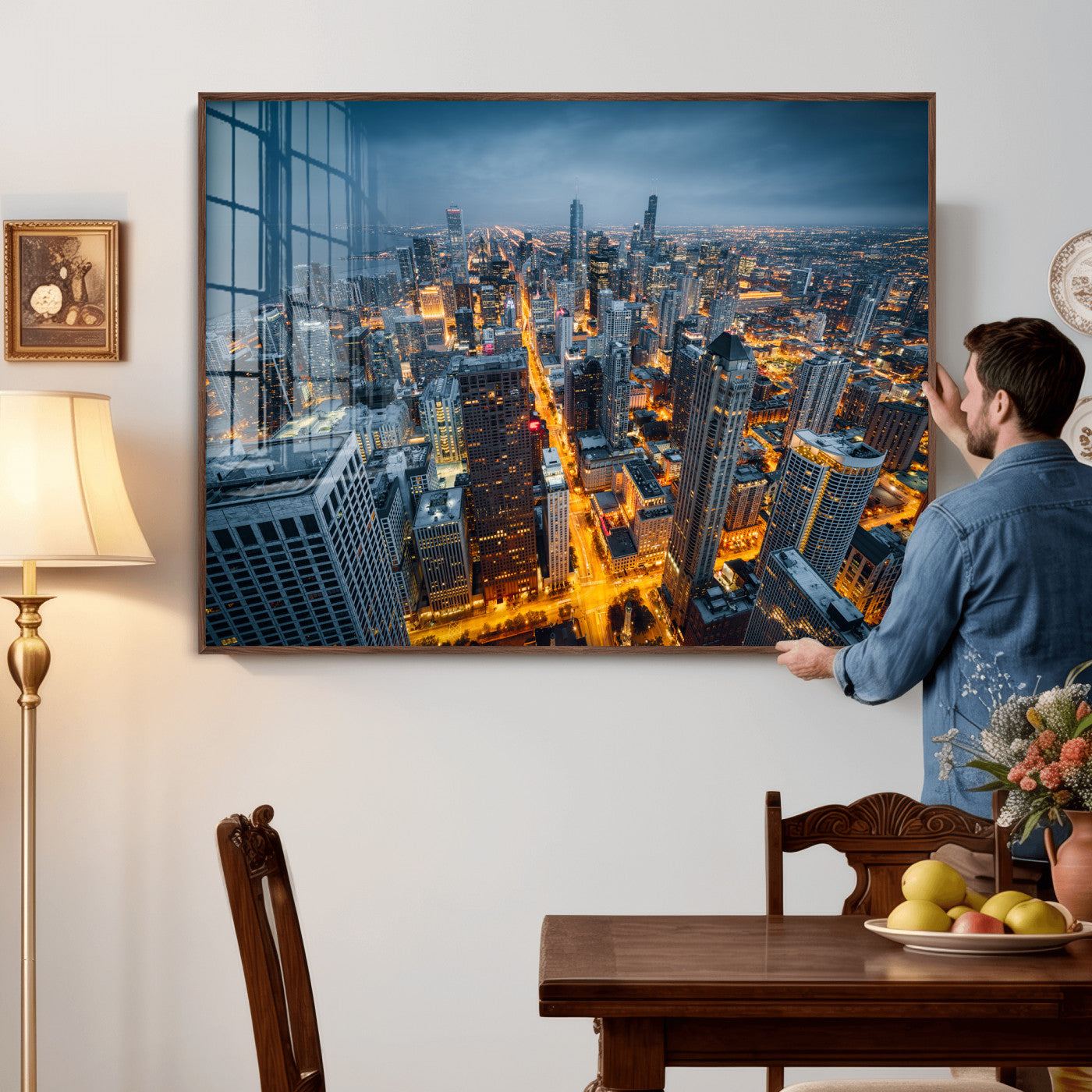81742538-MGV-CV-36X24 - Chicago Wall Art Canvas Print, Chicago City Downtown Night Cityscape Print for Modern Urban Wall Decor
