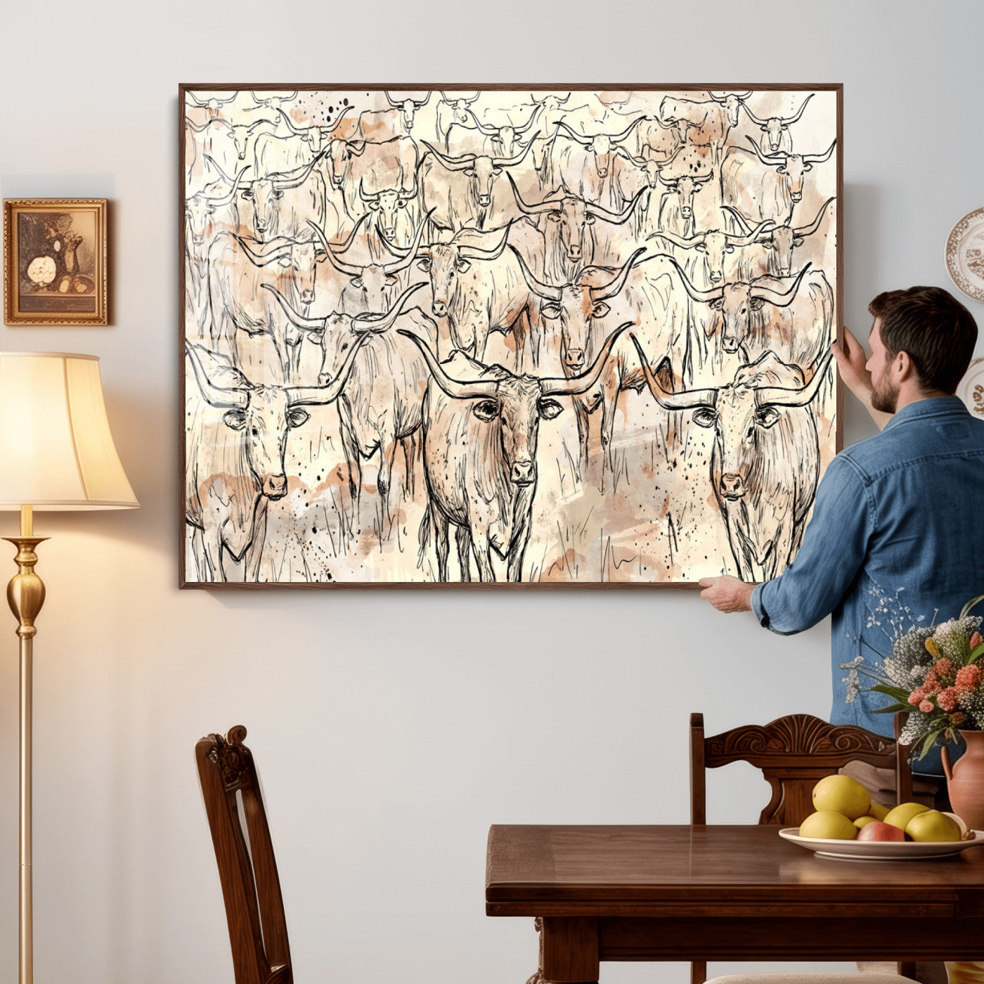 94055403-MGV-CV-36X24 - Farmhouse Animals Wall Art Canvas Print - Abstract Farm Animal Drawing Mid-Century Wall Art for Cabin Decor