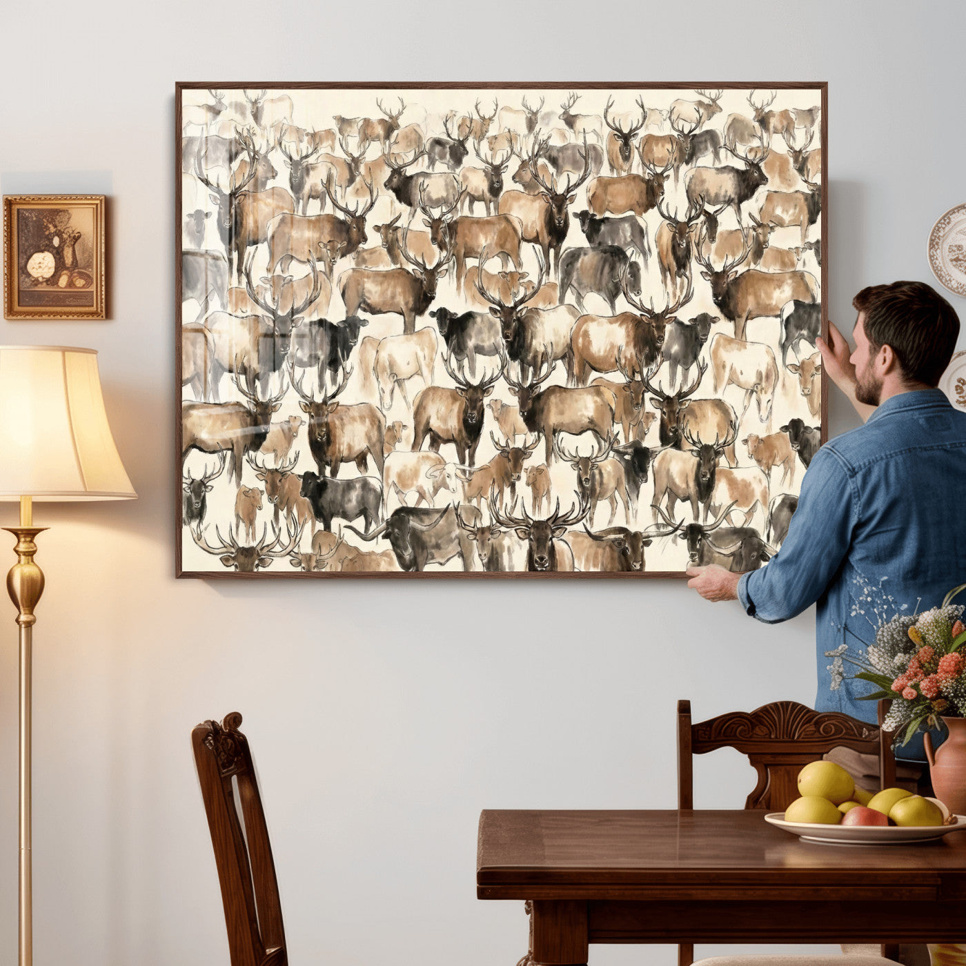 24374881-MGV-CV-36X24 - Farmhouse Animals Wall Art Canvas Print - Abstract Farm Animal Drawing Mid-Century Wall Art for Cabin Decor