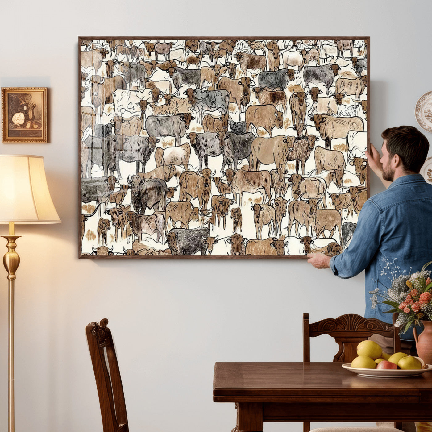 76902119-MGV-CV-36X24 - Farmhouse Animals Wall Art Canvas Print - Abstract Farm Animal Drawing Mid-Century Wall Art for Cabin Decor