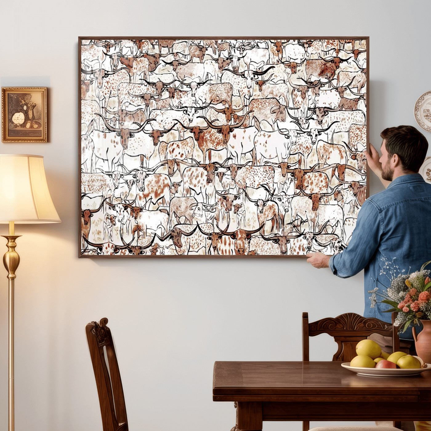 71869761-MGV-CV-36X24 - Farmhouse Animals Wall Art Canvas Print - Abstract Farm Animal Drawing Mid-Century Wall Art for Cabin Decor
