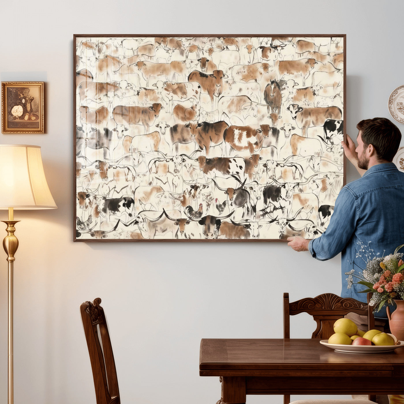 69961368-MGV-CV-36X24 - Farmhouse Animals Wall Art Canvas Print - Abstract Farm Animal Drawing Mid-Century Wall Art for Cabin Decor