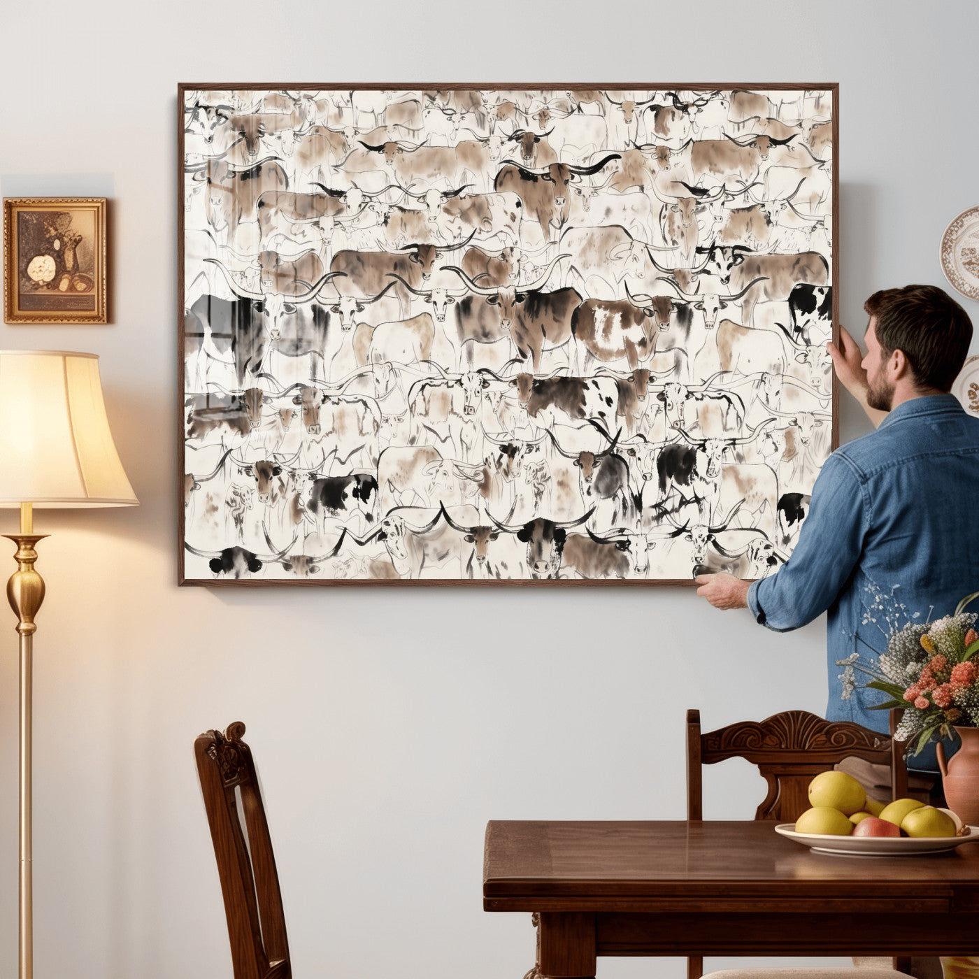 66685375-MGV-CV-36X24 - Farmhouse Animals Wall Art Canvas Print - Abstract Farm Animal Drawing Mid-Century Wall Art for Cabin Decor