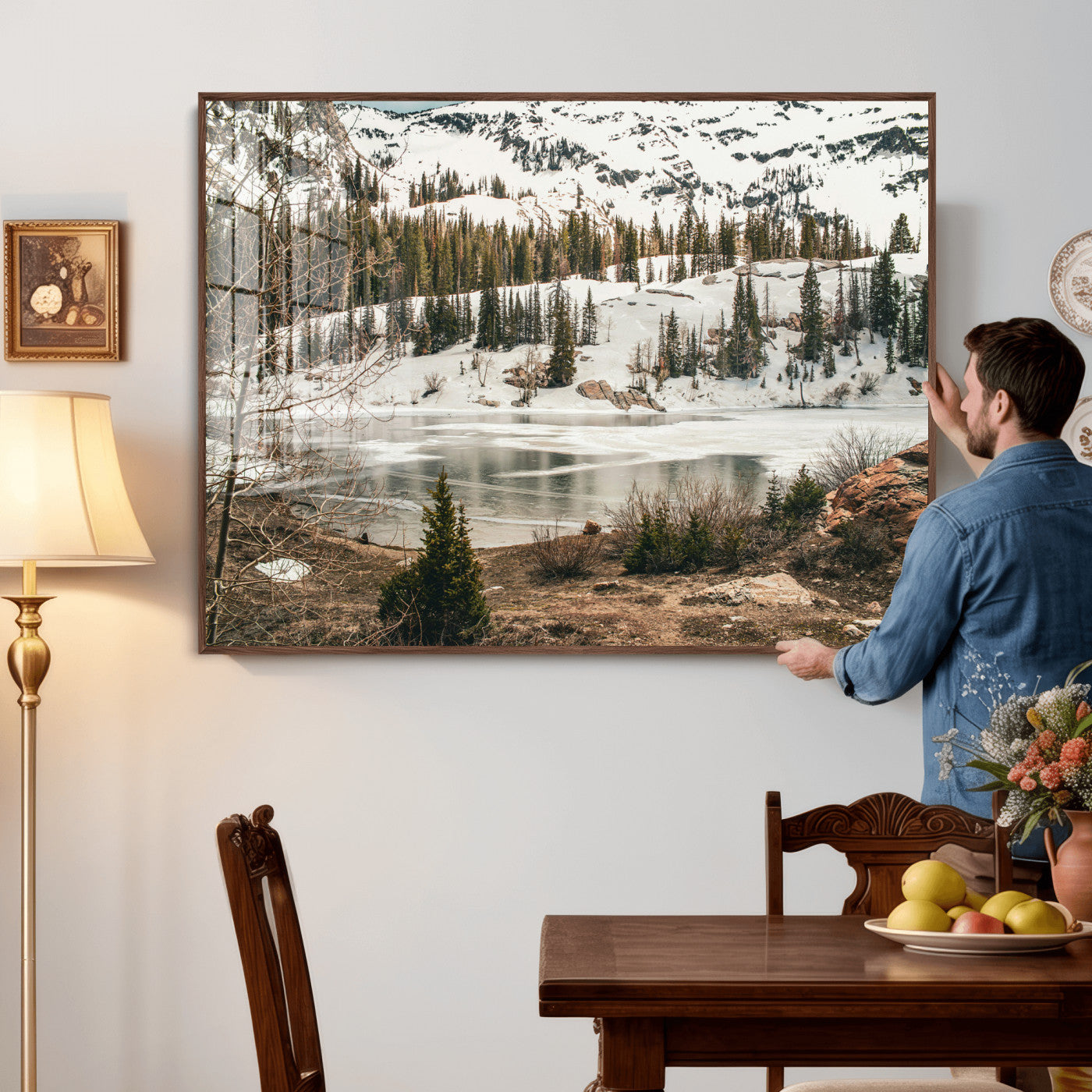 10336249-MGV-CV-36X24 - Snowy Mountain Landscape Wall Art Canvas Print, Alpine Pine Forest Winter Nature Wall Decor for Living Room and Office