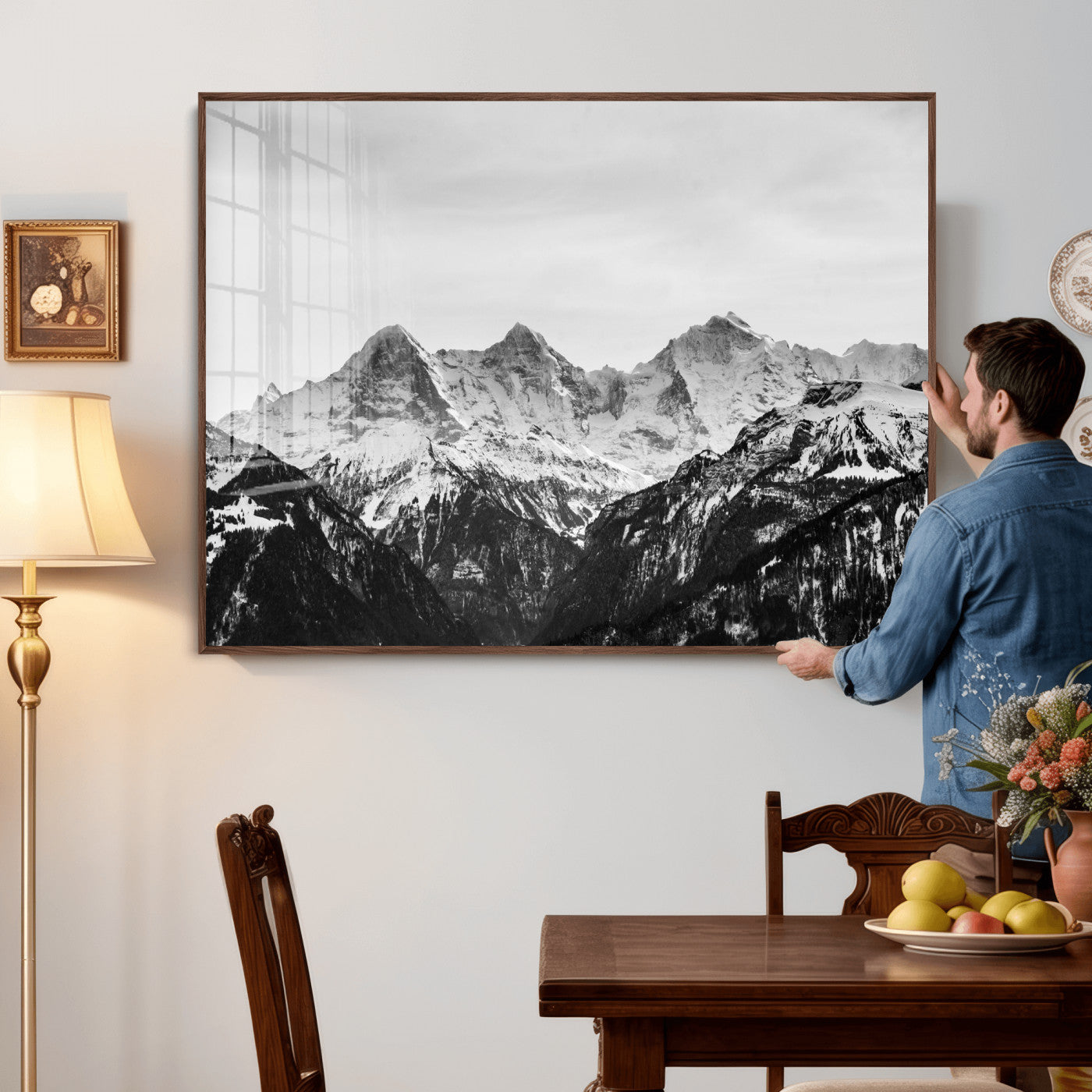 85684934-MGV-CV-36X24 - Black and White Mountain Wall Art Canvas Print, Snowy Alpine Peaks Landscape Photography, Minimal Monochrome Mountain Art, Scenic Nature Wall Decor