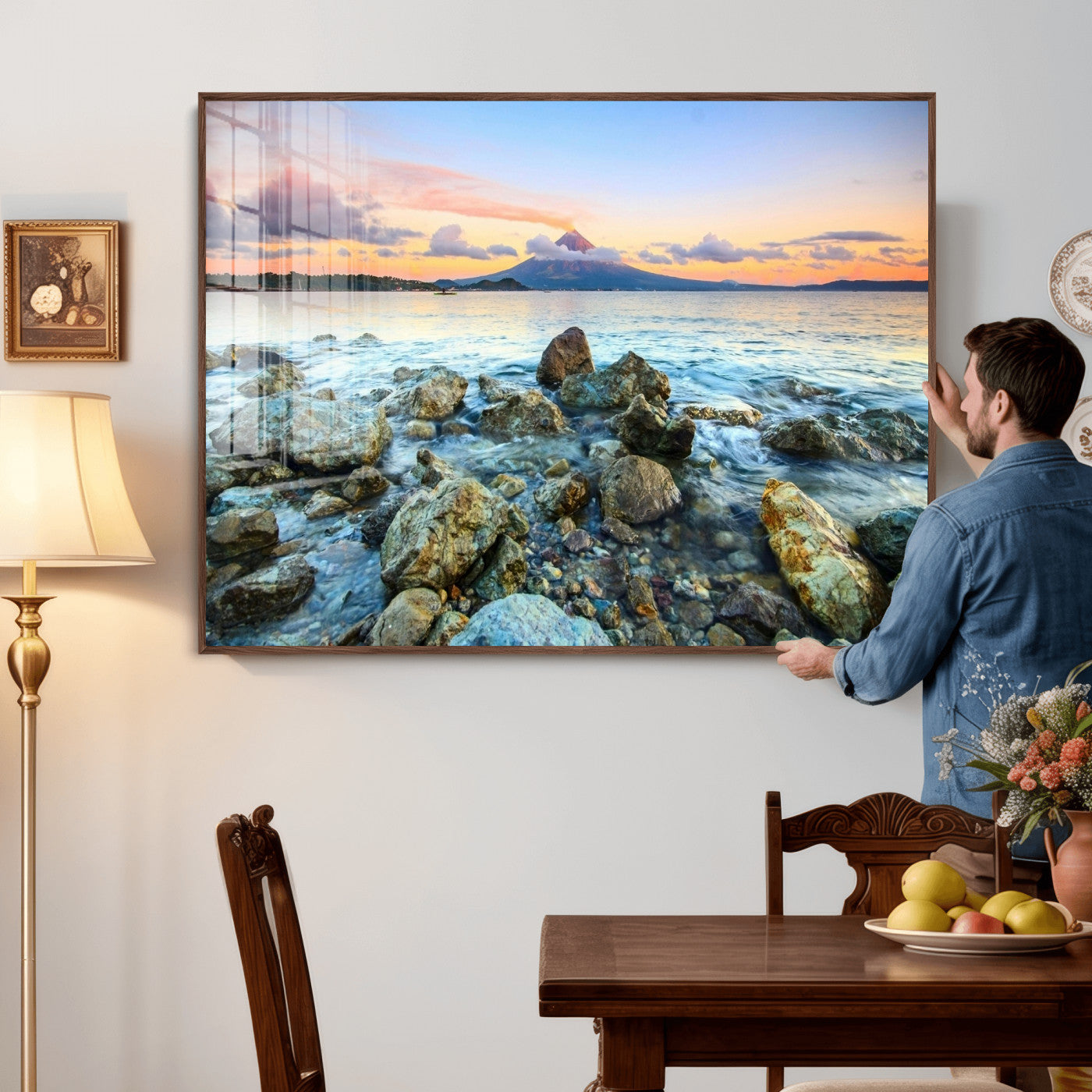 46869511-MGV-CV-36X24 - Mayon Volcano Seascape Landscape Wall Art Canvas Print, Tropical Ocean Shore Mountain Canvas Print, Philippines Coastal Scenic Art Printing