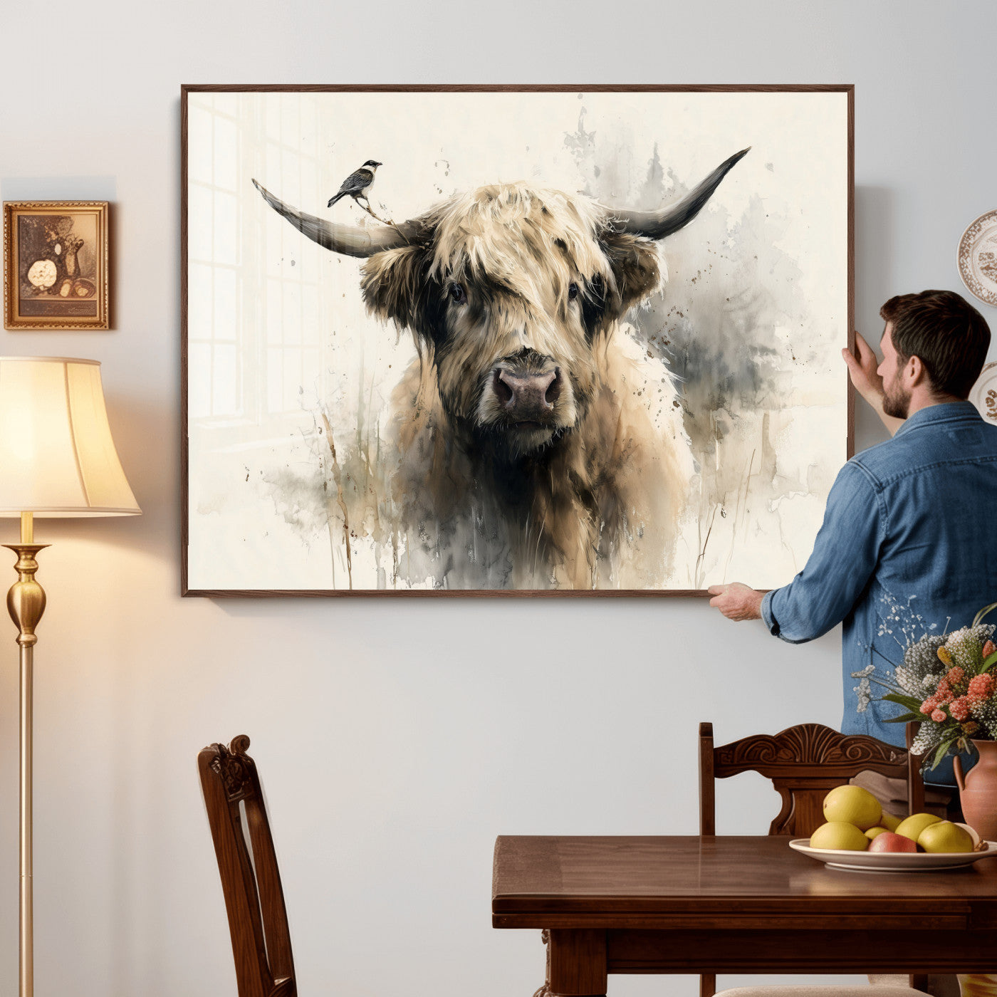 98249290-MGV-CV-36X24 - Abstract Highland Cow Watercolor Animal Wall Art Canvas Print, Rustic Farm Cattle Portrait Canvas Print, Neutral Wildlife Farmhouse Art Printing